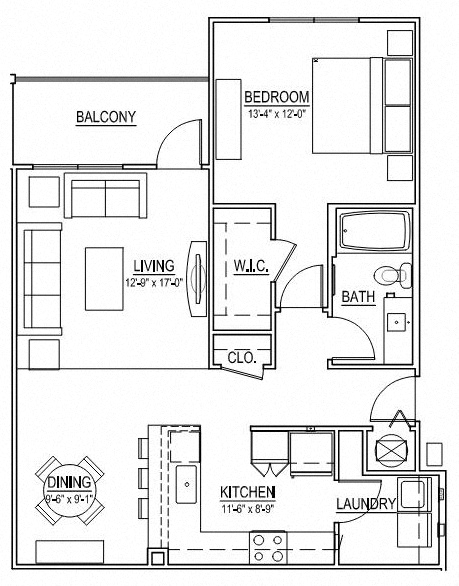 Floor plan for 1 bed, 1 bath, 965 sqft